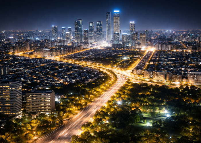 Cidade iluminada à noite